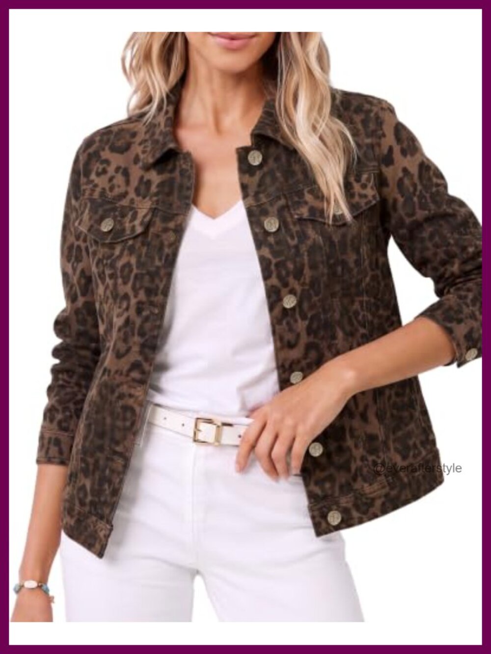 Womens Leopard Cheetah Print Denim Trucker Jacket Button Up Casual Stretch
